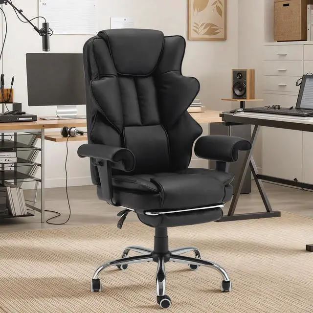 Alt view image 2 of 7 - Ergonomic Executive Chair with 6-Point Vibration & Heat, Reclining PU Leather Big & Tall Desk Chair, Retractable Footrest & Adjustable Armrest for Home Office Gaming Study, Black