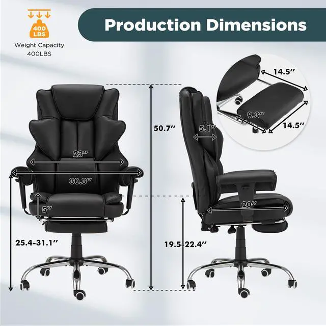 Alt view image 3 of 7 - Ergonomic Executive Chair with 6-Point Vibration & Heat, Reclining PU Leather Big & Tall Desk Chair, Retractable Footrest & Adjustable Armrest for Home Office Gaming Study, Black