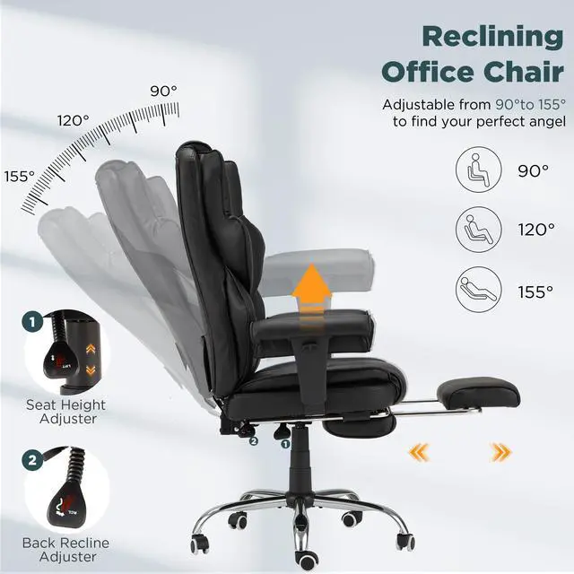 Alt view image 4 of 7 - Ergonomic Executive Chair with 6-Point Vibration & Heat, Reclining PU Leather Big & Tall Desk Chair, Retractable Footrest & Adjustable Armrest for Home Office Gaming Study, Black
