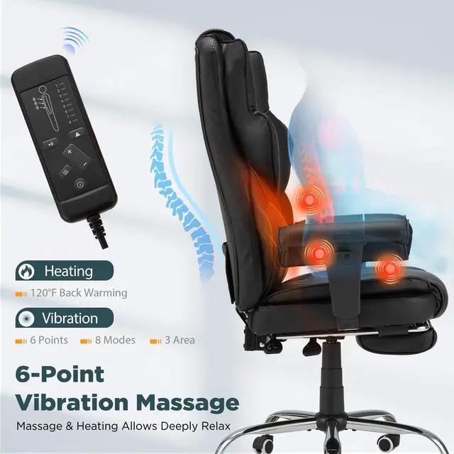 Alt view image 5 of 7 - Ergonomic Executive Chair with 6-Point Vibration & Heat, Reclining PU Leather Big & Tall Desk Chair, Retractable Footrest & Adjustable Armrest for Home Office Gaming Study, Black