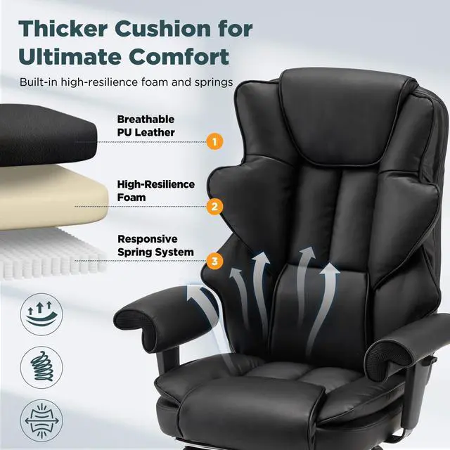 Alt view image 6 of 7 - Ergonomic Executive Chair with 6-Point Vibration & Heat, Reclining PU Leather Big & Tall Desk Chair, Retractable Footrest & Adjustable Armrest for Home Office Gaming Study, Black