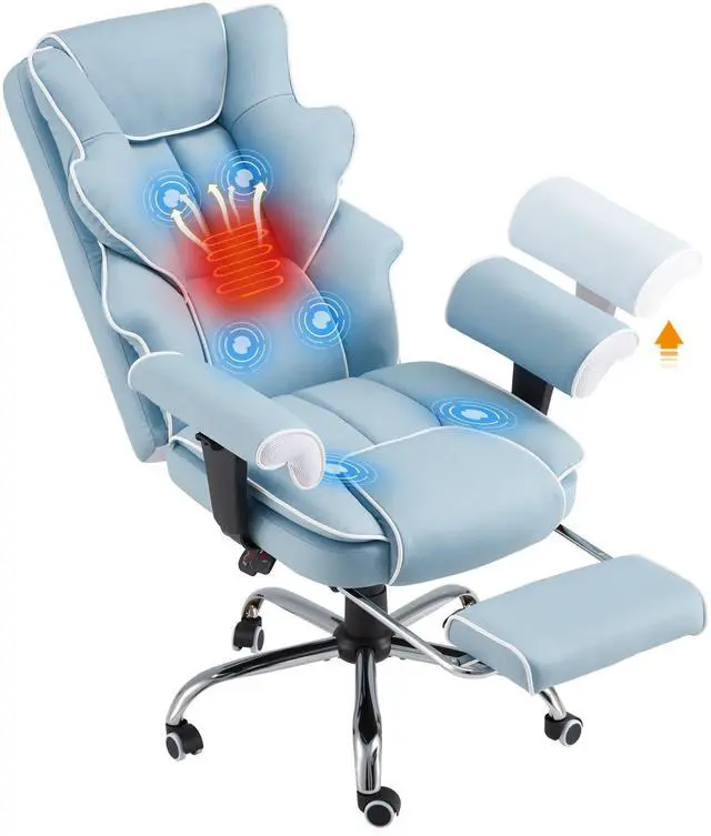 Main image of 6-Point Massage Heated Executive Office Chair with Footrest,Airy Blue | Big&Tall PU Leather,adjustable armrests,high back & silent caster,practical desk chair for office,gaming and study scenarios
