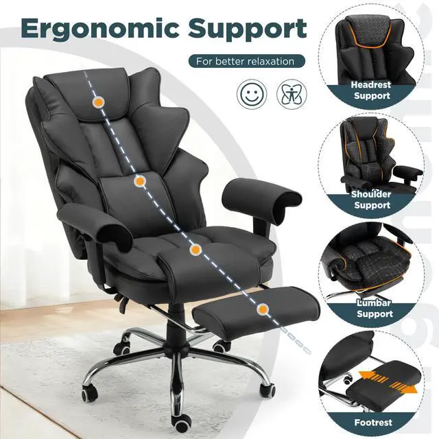 Alt view image 7 of 7 - Ergonomic Executive Chair with 6-Point Vibration & Heat, Reclining PU Leather Big & Tall Desk Chair, Retractable Footrest & Adjustable Armrest for Home Office Gaming Study, Black