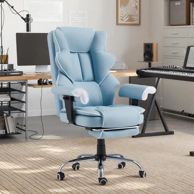 Alt view image 2 of 7 - 6-Point Massage Heated Executive Office Chair with Footrest,Airy Blue | Big&Tall PU Leather,adjustable armrests,high back & silent caster,practical desk chair for office,gaming and study scenarios