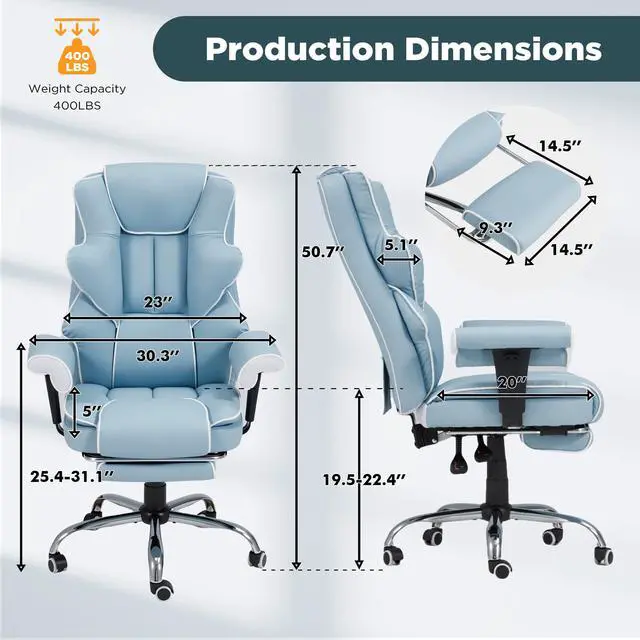 Alt view image 3 of 7 - 6-Point Massage Heated Executive Office Chair with Footrest,Airy Blue | Big&Tall PU Leather,adjustable armrests,high back & silent caster,practical desk chair for office,gaming and study scenarios