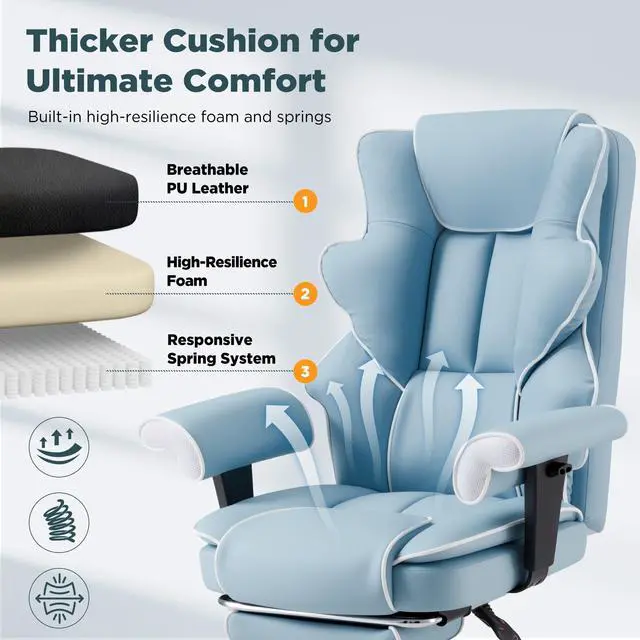 Alt view image 6 of 7 - 6-Point Massage Heated Executive Office Chair with Footrest,Airy Blue | Big&Tall PU Leather,adjustable armrests,high back & silent caster,practical desk chair for office,gaming and study scenarios