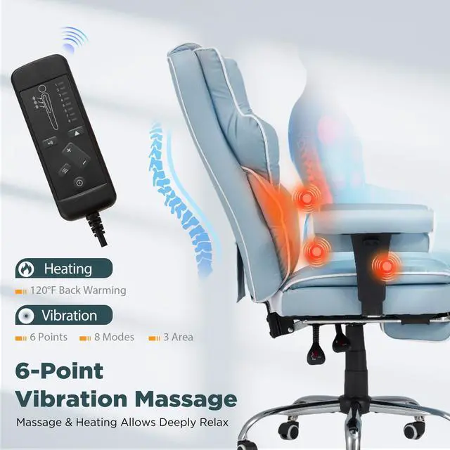 Alt view image 5 of 7 - 6-Point Massage Heated Executive Office Chair with Footrest,Airy Blue | Big&Tall PU Leather,adjustable armrests,high back & silent caster,practical desk chair for office,gaming and study scenarios