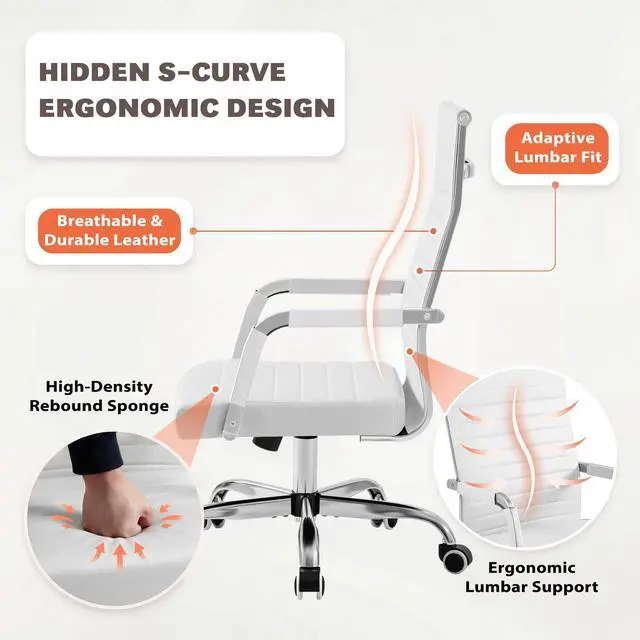 Alt view image 4 of 7 - Ergonomic Office Desk Chair, Executive Ribbed Mid-Back PU Leather Conference Room Chair Adjustable Swivel Chair with Arms (1, White)