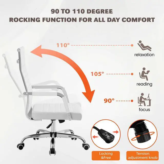 Alt view image 5 of 7 - Ergonomic Office Desk Chair, Executive Ribbed Mid-Back PU Leather Conference Room Chair Adjustable Swivel Chair with Arms (1, White)