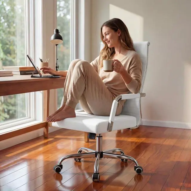 Alt view image 7 of 7 - Ergonomic Office Desk Chair, Executive Ribbed Mid-Back PU Leather Conference Room Chair Adjustable Swivel Chair with Arms (2, White)