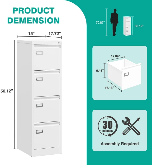 Alt view image 3 of 7 - 4 Drawer File Cabinet with Lock and Tag,White Vertical File Cabinet,Narrow Locking Filing Cabinets with Drawers,Metal Filing Storage for Home Office Fit A4 Legal/Letter Size