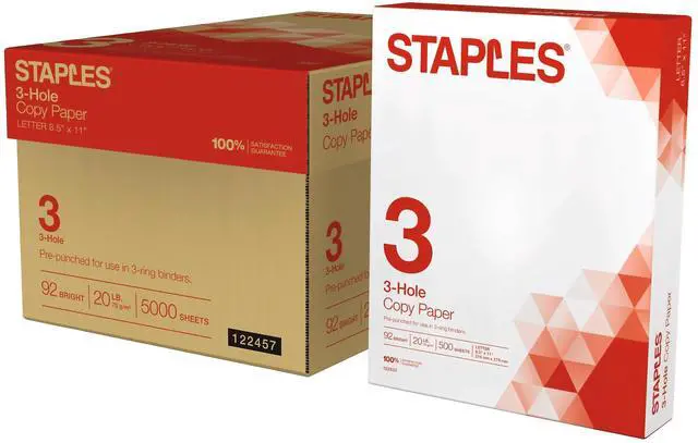 Main image of Copy Paper, 8.5x11 Inch, 3-Hole Punched, For Office & School | Pre-punched white paper ready for standard 3-ring binders. Sold by the case