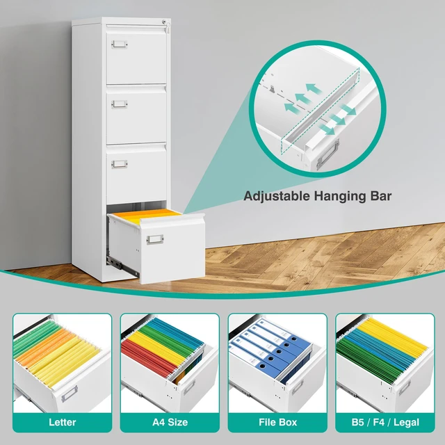 Alt view image 5 of 7 - 4 Drawer File Cabinet with Lock and Tag,White Vertical File Cabinet,Narrow Locking Filing Cabinets with Drawers,Metal Filing Storage for Home Office Fit A4 Legal/Letter Size