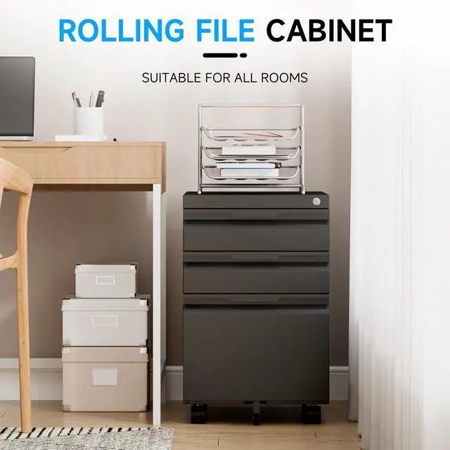 Alt view image 4 of 7 - Mobile File Cabinet, 3 Drawers Filing Cabinet with Wheels | Lockable, Metal File Cabinet, Under Desk File Cabinet, Suitable for Letter/Legal/A4/ File Folder, Easy to Assemble