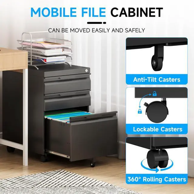 Alt view image 6 of 7 - Mobile File Cabinet, 3 Drawers Filing Cabinet with Wheels | Lockable, Metal File Cabinet, Under Desk File Cabinet, Suitable for Letter/Legal/A4/ File Folder, Easy to Assemble
