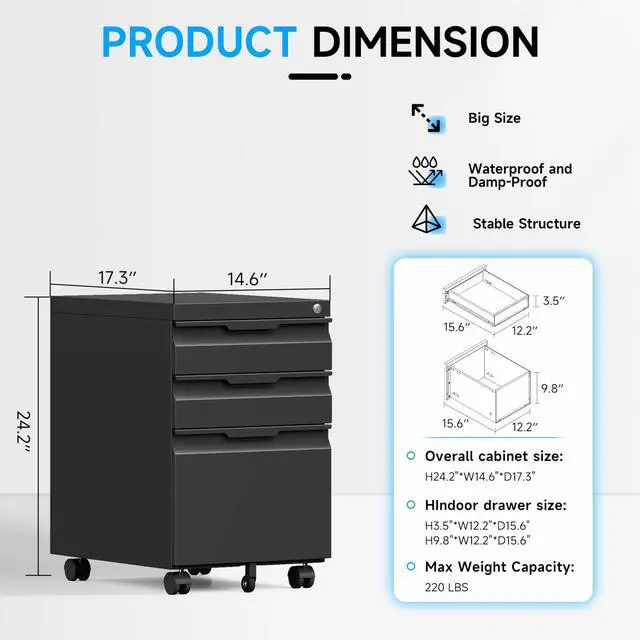Alt view image 3 of 7 - Mobile File Cabinet, 3 Drawers Filing Cabinet with Wheels | Lockable, Metal File Cabinet, Under Desk File Cabinet, Suitable for Letter/Legal/A4/ File Folder, Easy to Assemble