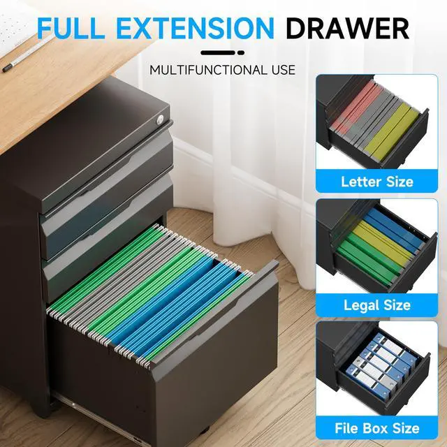 Alt view image 5 of 7 - Mobile File Cabinet, 3 Drawers Filing Cabinet with Wheels | Lockable, Metal File Cabinet, Under Desk File Cabinet, Suitable for Letter/Legal/A4/ File Folder, Easy to Assemble