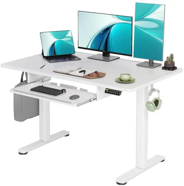 Main image of Electric Standing Desk 48x24 with Keyboard Tray White | Splice board desktop, 28.3-46.5 inch height range, 176 lbs capacity, 3 memory presets, quiet motor