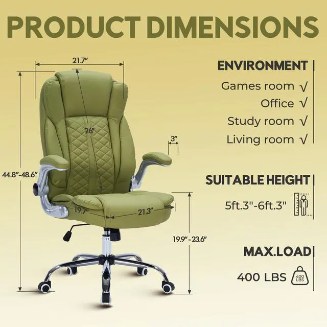 Alt view image 2 of 6 - 400lbs Executive Office Chair with Flip-Up Armrests, Big and Tall Computer Chair for Heavy People, Heavy Duty Ergonomic Comfy Chair, Breathable PU Leather (Green)