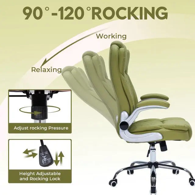 Alt view image 3 of 6 - 400lbs Executive Office Chair with Flip-Up Armrests, Big and Tall Computer Chair for Heavy People, Heavy Duty Ergonomic Comfy Chair, Breathable PU Leather (Green)
