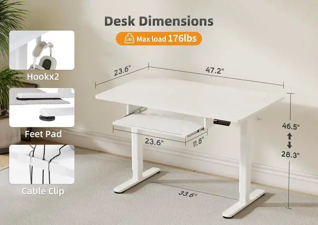 Alt view image 3 of 7 - Electric Standing Desk 48x24 with Keyboard Tray White | Splice board desktop, 28.3-46.5 inch height range, 176 lbs capacity, 3 memory presets, quiet motor