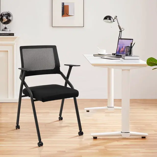 Main image of Stackable Foldable Conference Room Chairs with Wheels, Portable Padded Office Desk Chair with Lumbar Support and Armrest for Training Room, Guest, Reception, Event, Black (1pk)