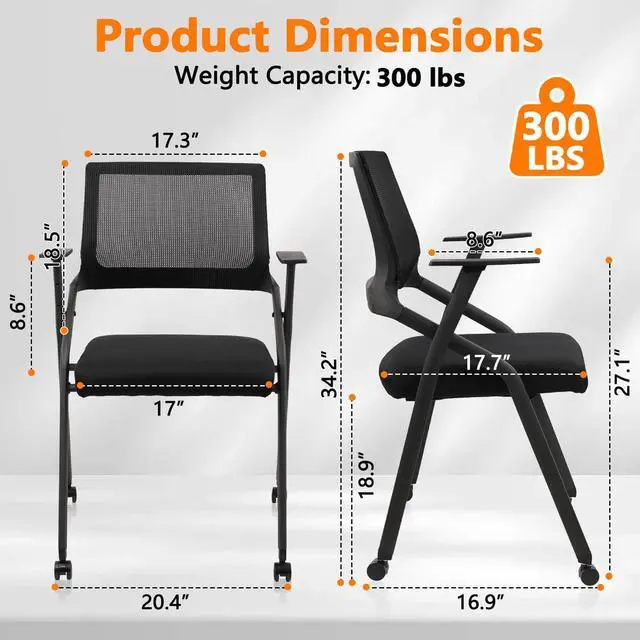 Alt view image 2 of 7 - Stackable Foldable Conference Room Chairs with Wheels, Portable Padded Office Desk Chair with Lumbar Support and Armrest for Training Room, Guest, Reception, Event, Black (1pk)