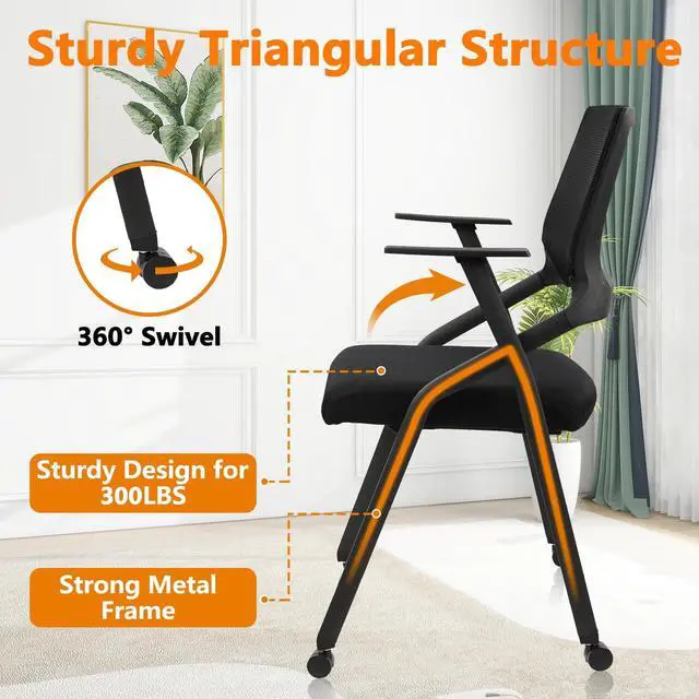 Alt view image 3 of 7 - Stackable Foldable Conference Room Chairs with Wheels, Portable Padded Office Desk Chair with Lumbar Support and Armrest for Training Room, Guest, Reception, Event, Black (1pk)