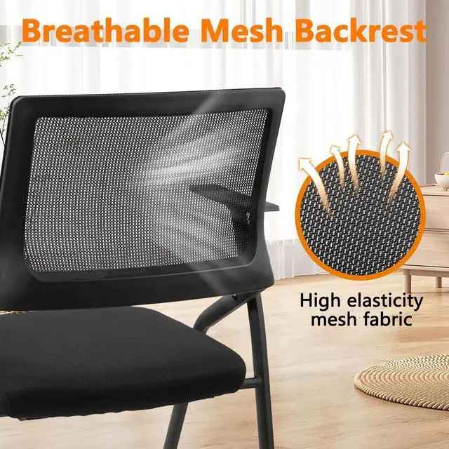 Alt view image 5 of 7 - Stackable Foldable Conference Room Chairs with Wheels, Portable Padded Office Desk Chair with Lumbar Support and Armrest for Training Room, Guest, Reception, Event, Black (1pk)