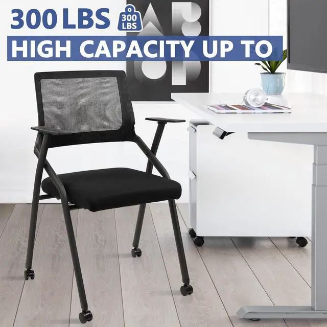 Alt view image 6 of 7 - Stackable Foldable Conference Room Chairs with Wheels, Portable Padded Office Desk Chair with Lumbar Support and Armrest for Training Room, Guest, Reception, Event, Black (1pk)
