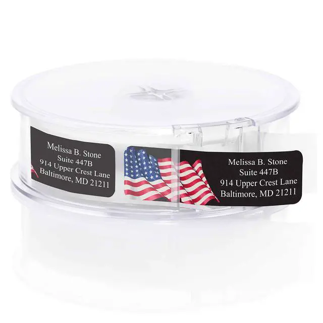 Alt view image 2 of 3 - Metallic Prismatic American Flag Rolled Address Labels with Elegant Plastic Dispenser