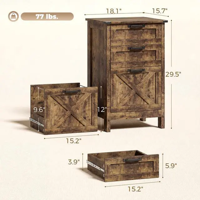 Alt view image 3 of 7 - 3 Drawer File Cabinet Printer Stand Silent Slides Rustic Brown | Vertical Filing Cabinet for Hanging A4/Letter Size, Rustic Farmhouse Printer Stand with Storage, Home Office
