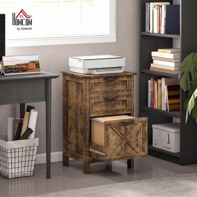 Alt view image 2 of 7 - 3 Drawer File Cabinet Printer Stand Silent Slides Rustic Brown | Vertical Filing Cabinet for Hanging A4/Letter Size, Rustic Farmhouse Printer Stand with Storage, Home Office