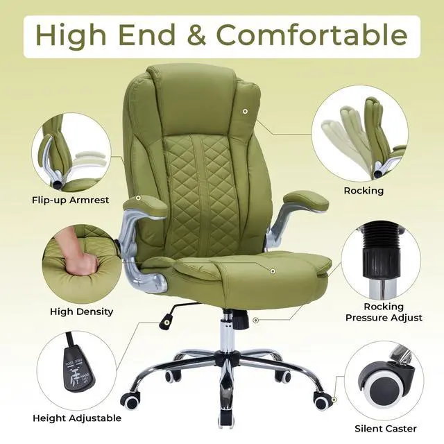 Alt view image 4 of 6 - 400lbs Executive Office Chair with Flip-Up Armrests, Big and Tall Computer Chair for Heavy People, Heavy Duty Ergonomic Comfy Chair, Breathable PU Leather (Green)
