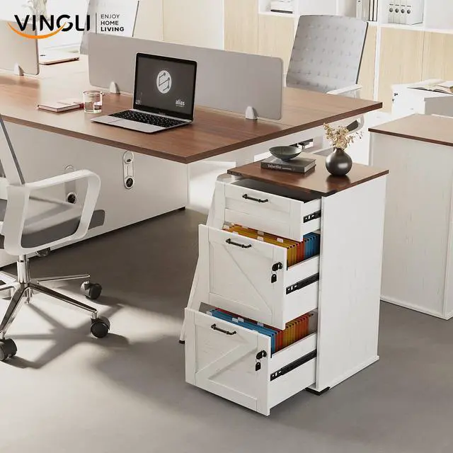 Alt view image 2 of 7 - 3 Drawer File Cabinet with Lock, Home Office Filing Organizer, for Letter Size File Folder Storage, Modern Farmhouse Style, Wood Vertical Filing Cabinet, Archivador (Rustic White & Brown)