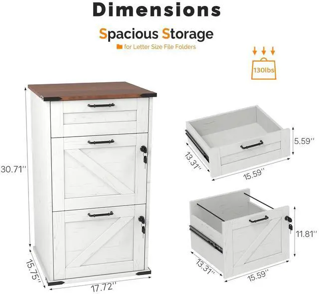 Alt view image 3 of 7 - 3 Drawer File Cabinet with Lock, Home Office Filing Organizer, for Letter Size File Folder Storage, Modern Farmhouse Style, Wood Vertical Filing Cabinet, Archivador (Rustic White & Brown)