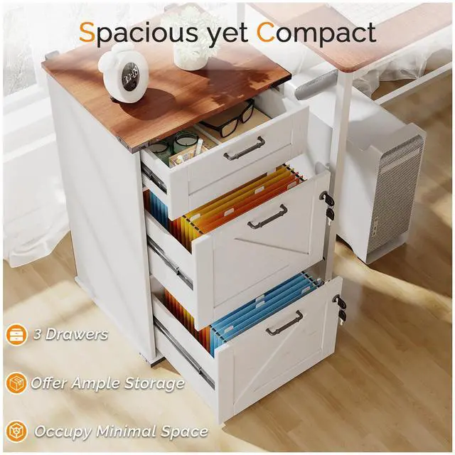 Alt view image 4 of 7 - 3 Drawer File Cabinet with Lock, Home Office Filing Organizer, for Letter Size File Folder Storage, Modern Farmhouse Style, Wood Vertical Filing Cabinet, Archivador (Rustic White & Brown)
