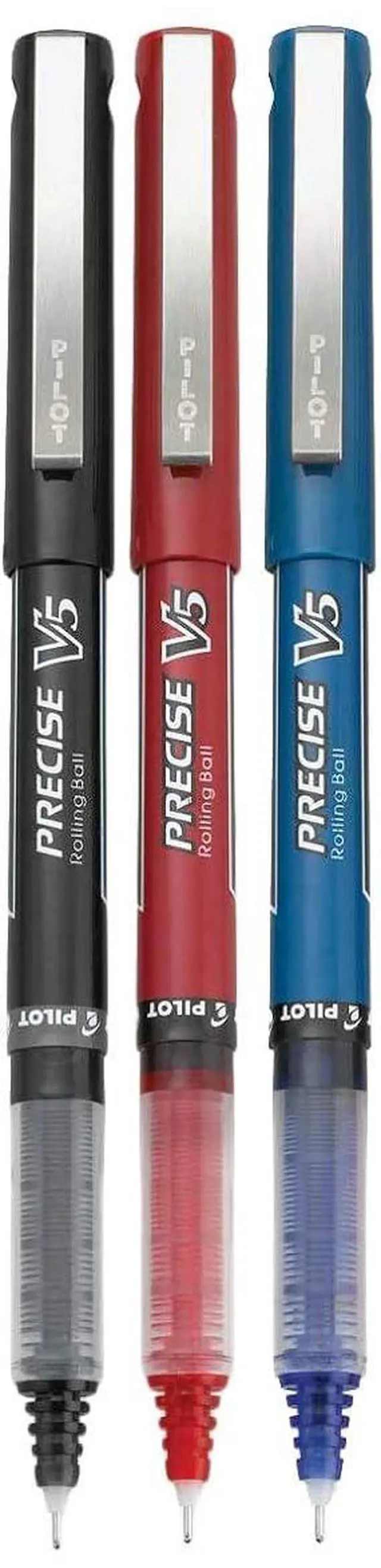 Main image of Precise V5 Stick Rolling Ball Pens, Extra Fine Point (.5mm), Assorted Colors Black/Blue/Red Ink, 3-pk;
