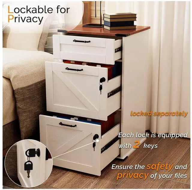 Alt view image 5 of 7 - 3 Drawer File Cabinet with Lock, Home Office Filing Organizer, for Letter Size File Folder Storage, Modern Farmhouse Style, Wood Vertical Filing Cabinet, Archivador (Rustic White & Brown)