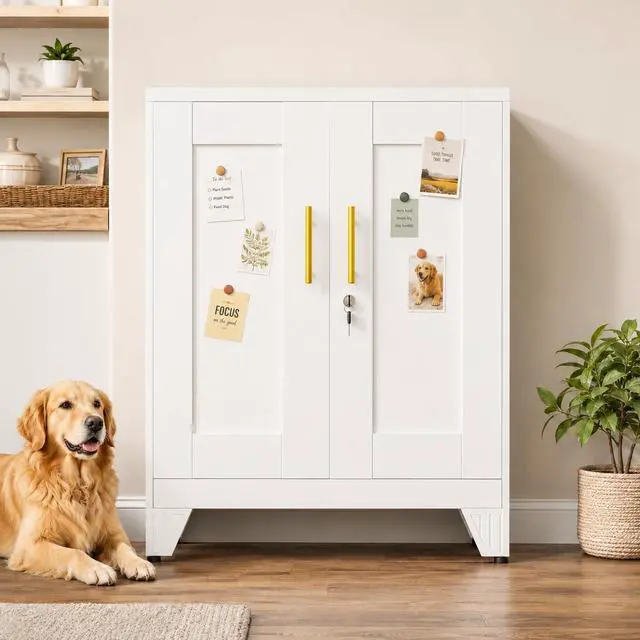 Main image of Metal Storage Cabinet, 2-Door Short Locker Cabinets Adjustable Shelf | Magnetic door surface for notes, Freestanding small storage cabinet with doors and shelves, multi-use storage