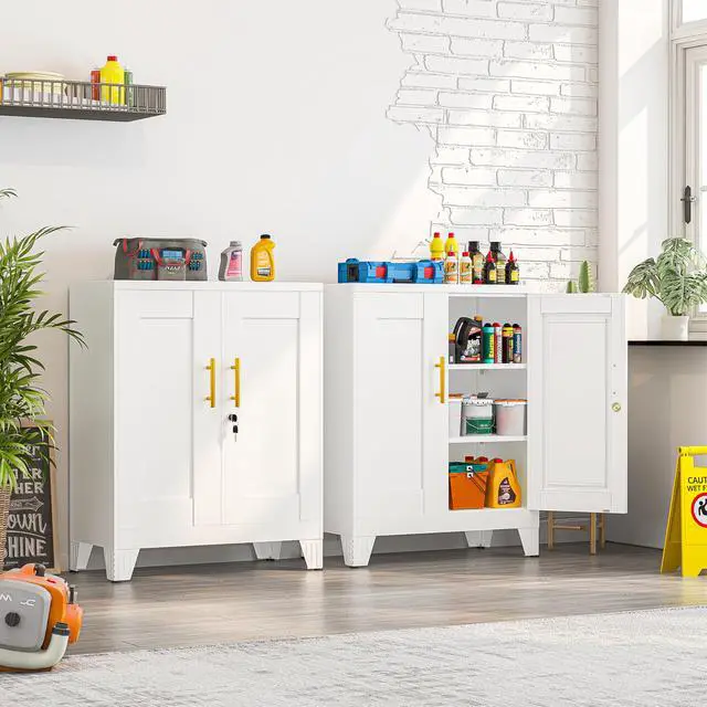 Alt view image 3 of 6 - Metal Storage Cabinet, 2-Door Short Locker Cabinets Adjustable Shelf | Magnetic door surface for notes, Freestanding small storage cabinet with doors and shelves, multi-use storage