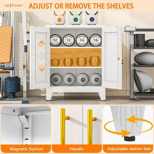 Alt view image 6 of 6 - Metal Storage Cabinet, 2-Door Short Locker Cabinets Adjustable Shelf | Magnetic door surface for notes, Freestanding small storage cabinet with doors and shelves, multi-use storage