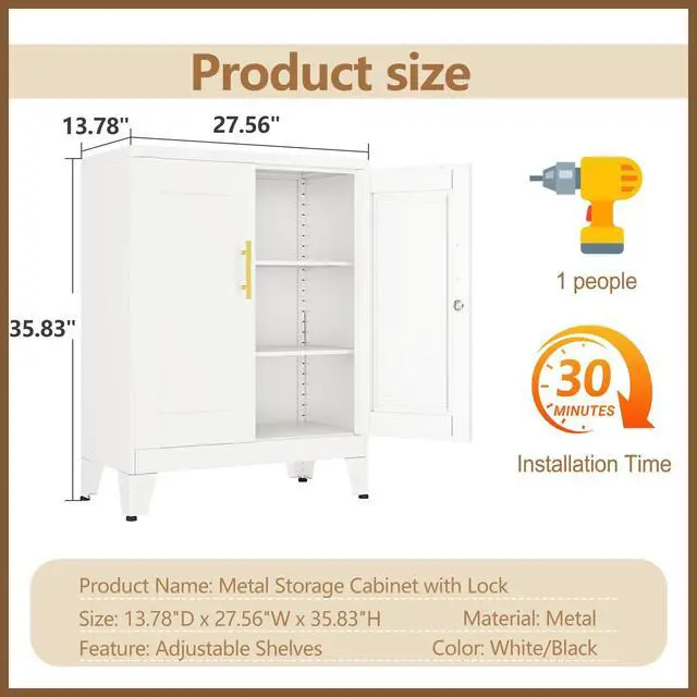 Alt view image 2 of 6 - Metal Storage Cabinet, 2-Door Short Locker Cabinets Adjustable Shelf | Magnetic door surface for notes, Freestanding small storage cabinet with doors and shelves, multi-use storage