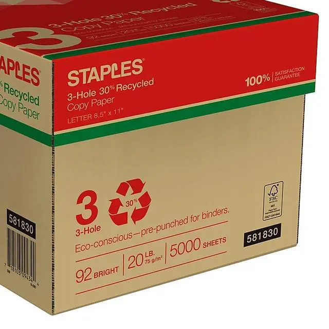 Alt view image 2 of 2 - Recycled 8.5 x 11-Inch, 3-Hole Punched Copy Paper 20 lb 92B 500/Ream 10 Ream/Count