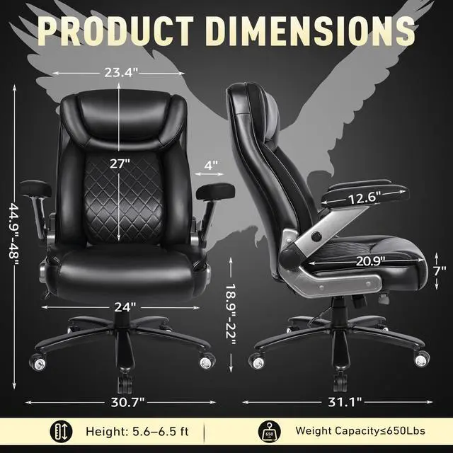 Alt view image 2 of 7 - 650 lbs Big and Tall Office Chair with Pop-Out Lumbar Support | Ergonomic High Back, 3D Flip-Up Armrests, Wide Pocket Spring Seat, 120° Rocking, Home & Office