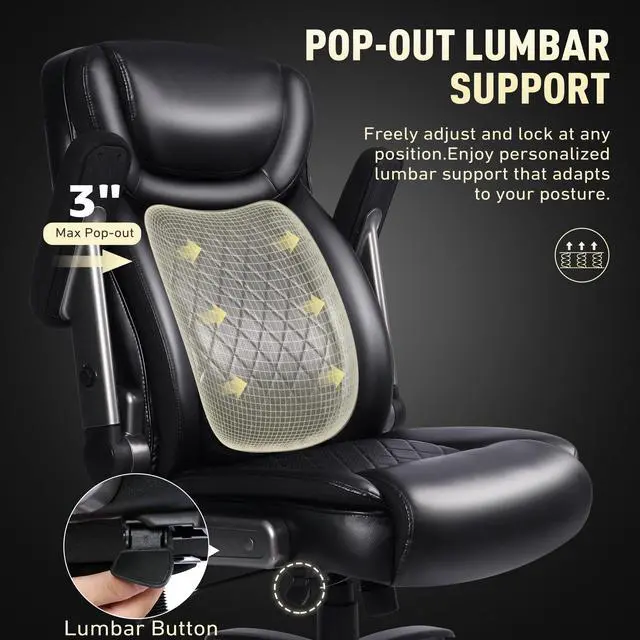 Alt view image 3 of 7 - 650 lbs Big and Tall Office Chair with Pop-Out Lumbar Support | Ergonomic High Back, 3D Flip-Up Armrests, Wide Pocket Spring Seat, 120° Rocking, Home & Office