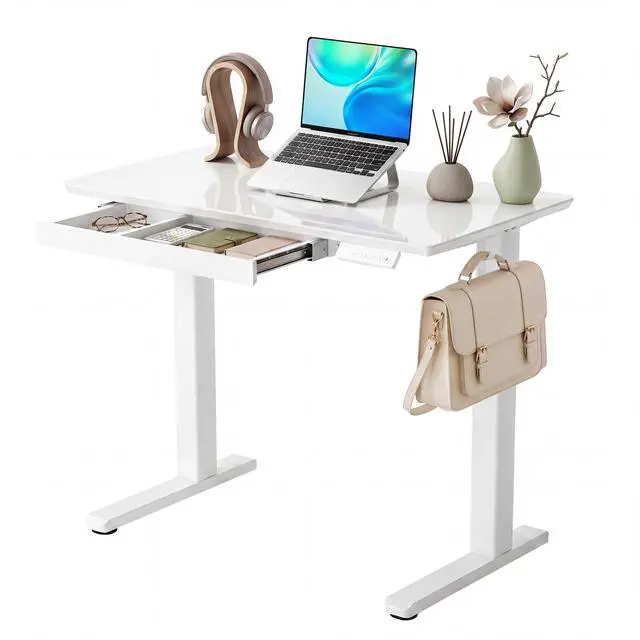 Main image of Glass Standing Desk with Drawers 35x20 Inch Super White | Tempered Glass Top, Ergonomic, 3 Memory Presets, Adjustable Height, Stand Up Desk