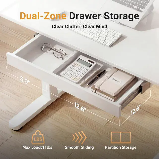 Alt view image 4 of 7 - Glass Standing Desk with Drawers 35x20 Inch Super White | Tempered Glass Top, Ergonomic, 3 Memory Presets, Adjustable Height, Stand Up Desk