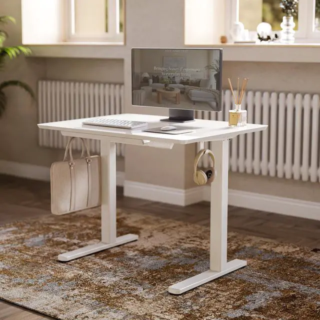 Alt view image 2 of 7 - Glass Standing Desk with Drawers 35x20 Inch Super White | Tempered Glass Top, Ergonomic, 3 Memory Presets, Adjustable Height, Stand Up Desk