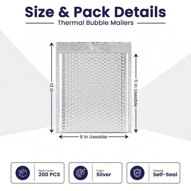 Alt view image 2 of 6 - Waterproof Insulated Foil Thermal Bubble Mailers 8x11, 200-Pack | For cosmetics, supplements & small perishables. Foil lining keeps items hot or cold